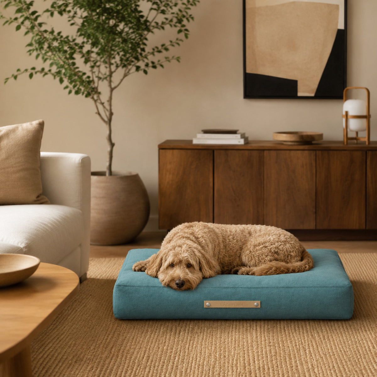 Copenhagen Hundekissen – Azurblau – Elegante Wohnszene mit Haustier