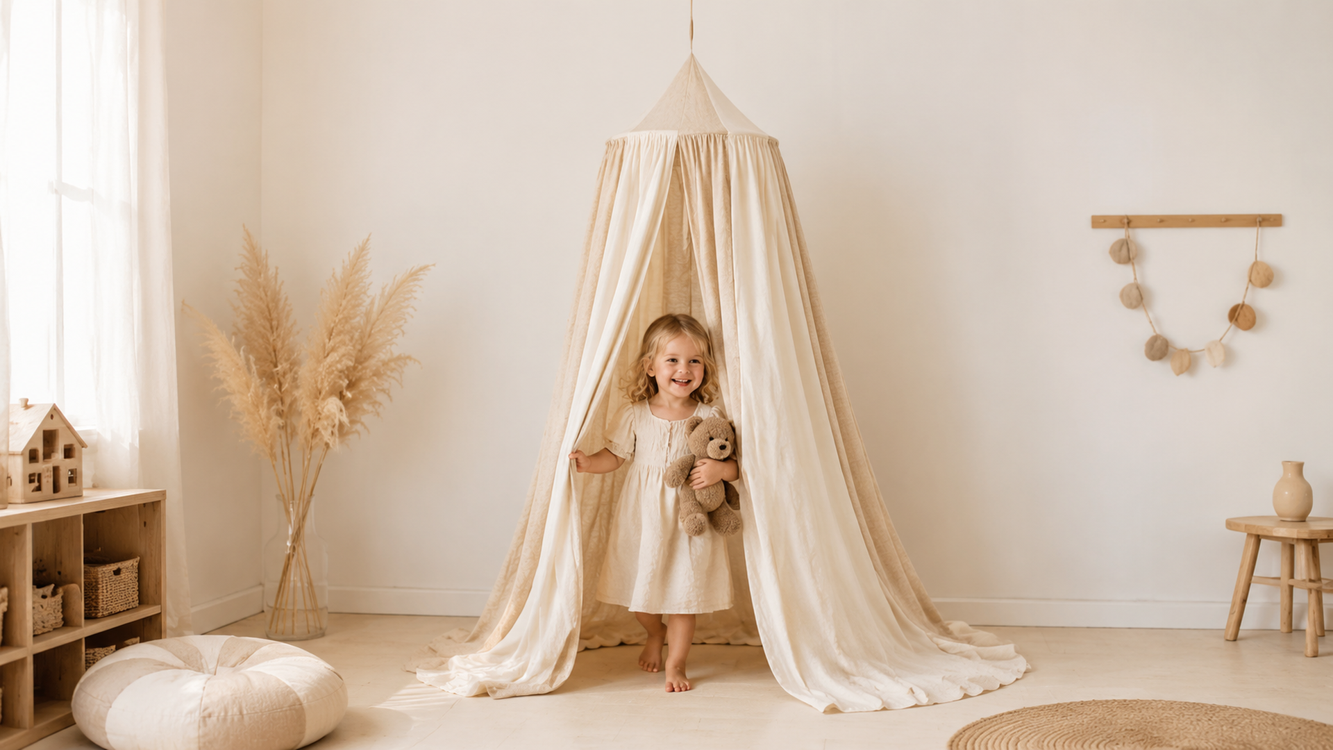 Kind kommt aus dem Cream Circus Kinder-Baldachin