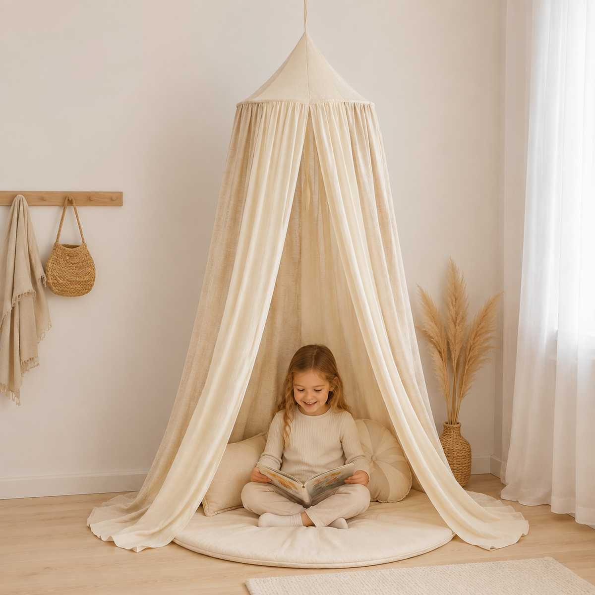 Kinder-Baldachin Cream Circus mit Kind im skandinavischen Kinderzimmer