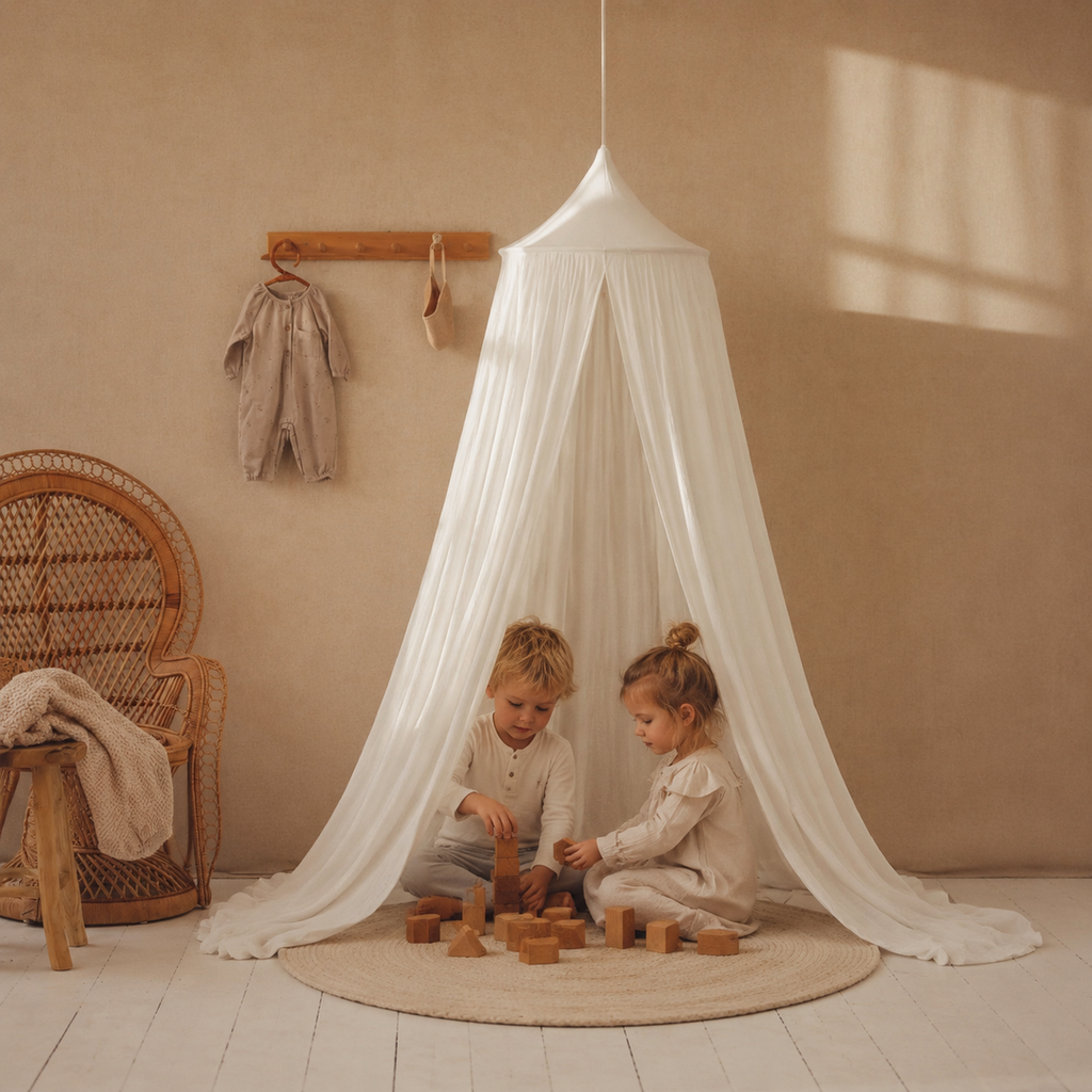 Geschwister spielen unter dem Kinder-Baldachin Cream Cotton