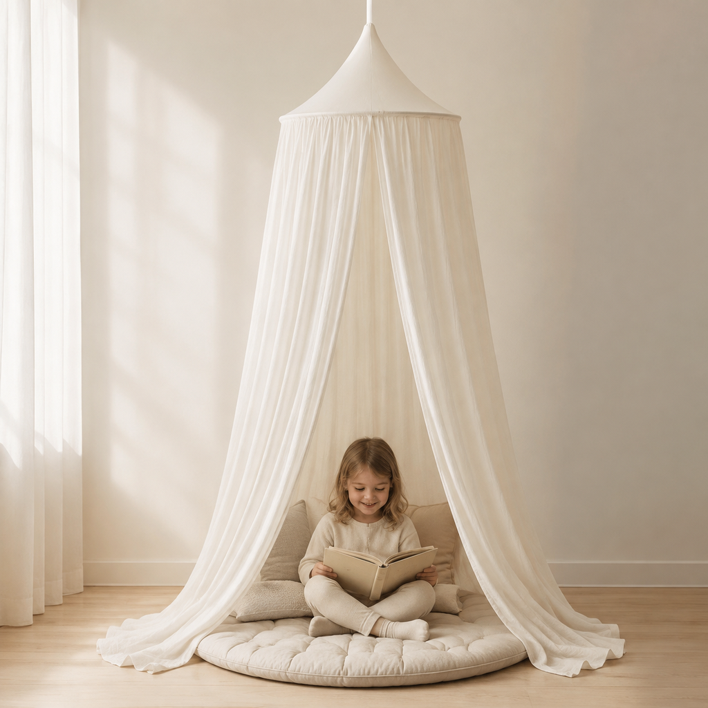 Kinder-Baldachin Cream Cotton mit Kind im skandinavischen Kinderzimmer