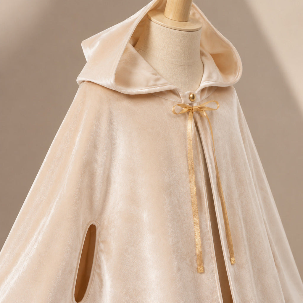 Detail von Kapuze, Goldbändern und Velours des cremefarbenen Perlenumhangs