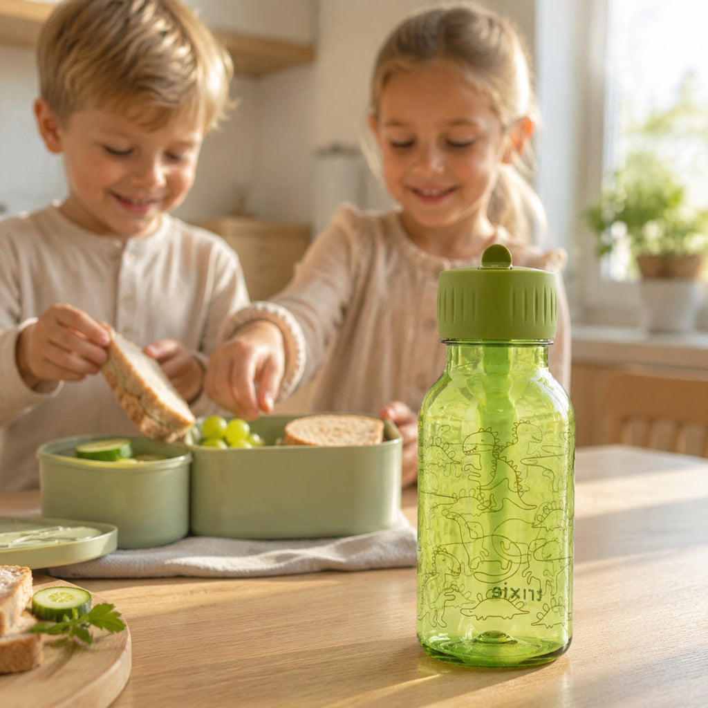 Kinder packen Lunchbox mit Trixie Daring Dino Trinkflasche