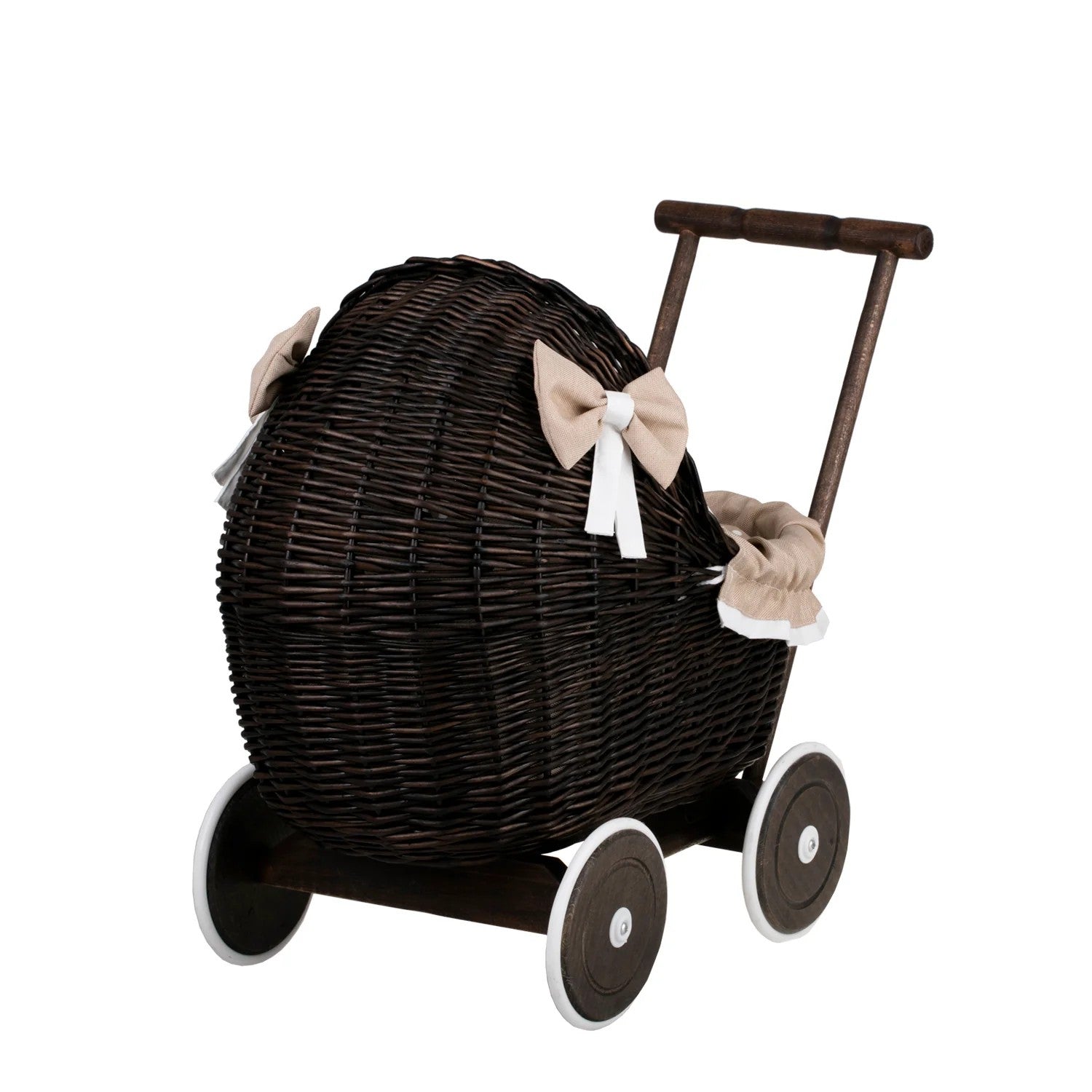 Dark Wicker Doll Pram Lili – Beige Bedding