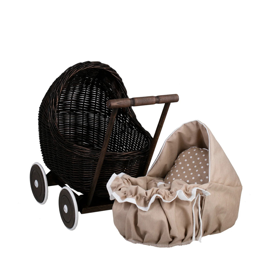 Dark Wicker Doll Pram Lili – Beige Bedding