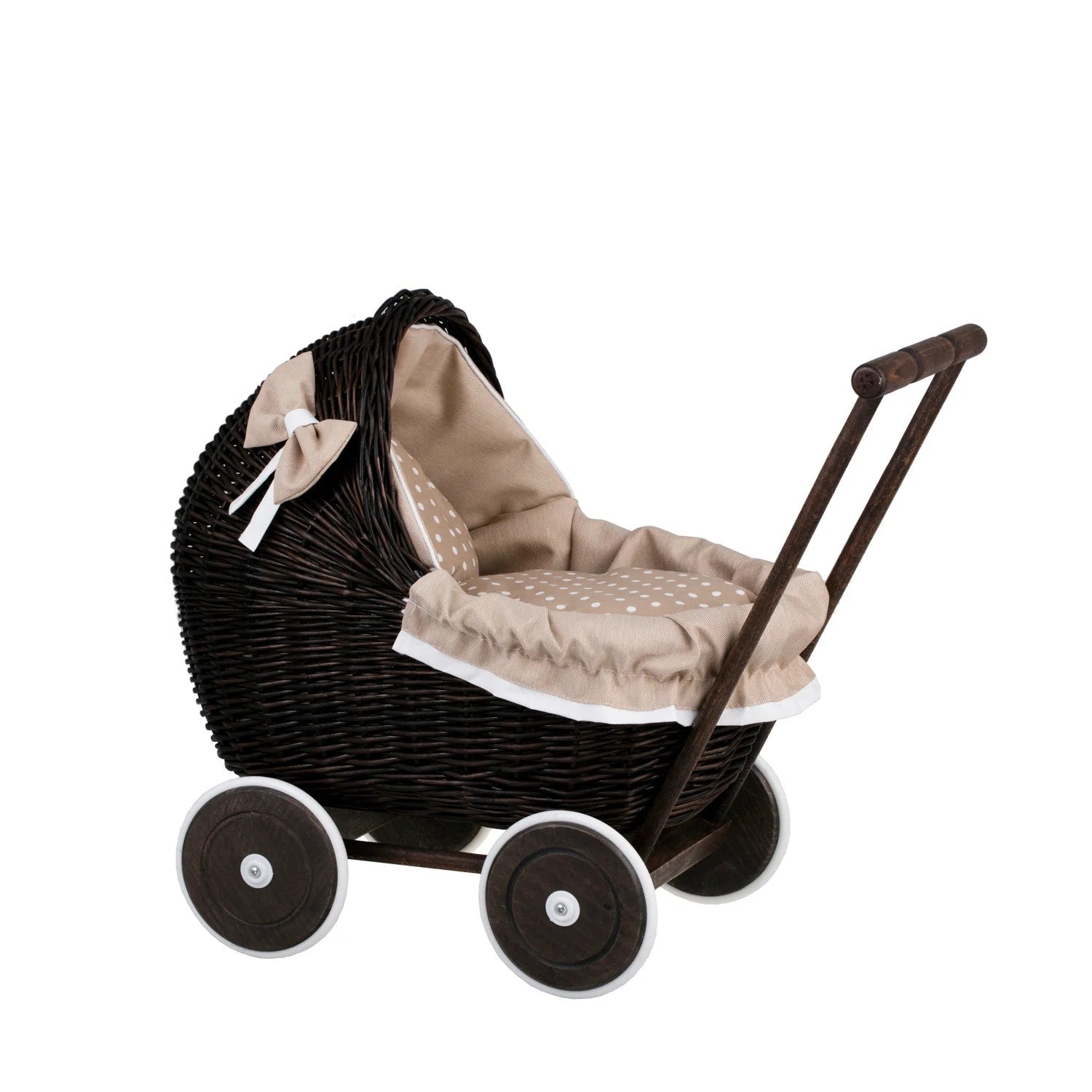 Dark Wicker Doll Pram Lili – Beige Bedding