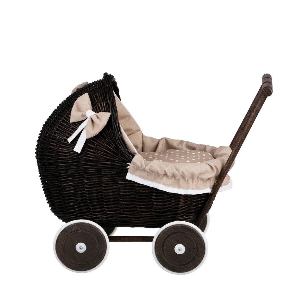 Dark Wicker Doll Pram Lili – Beige Bedding
