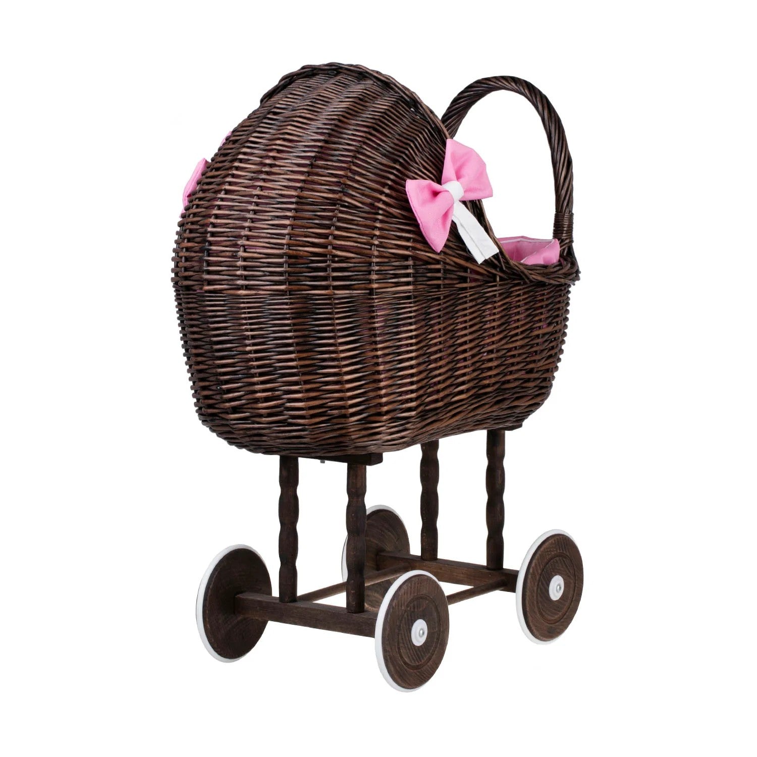 Dark Wicker Doll Stroller Lena – Pink Bedding