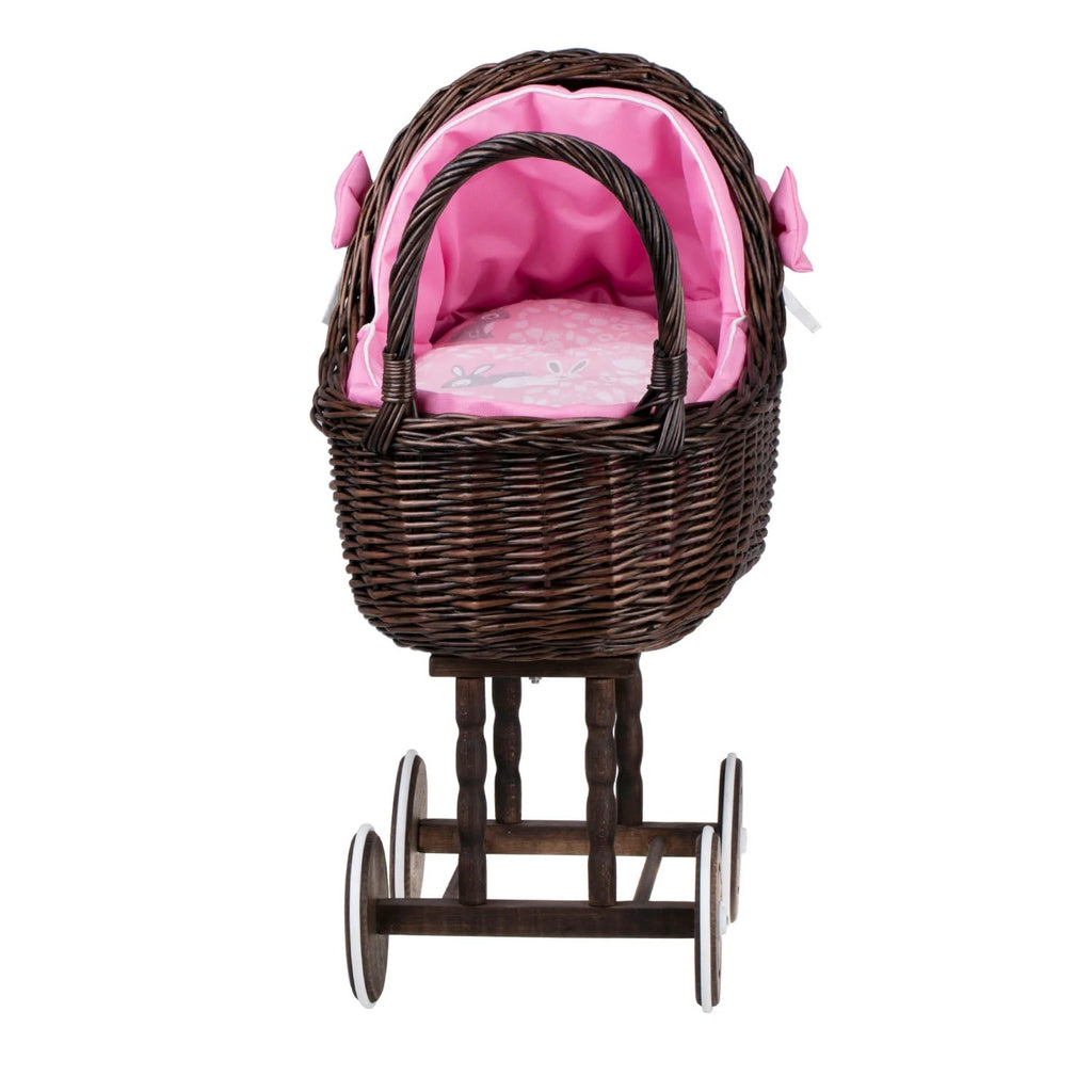 Dark Wicker Doll Stroller Lena – Pink Bedding
