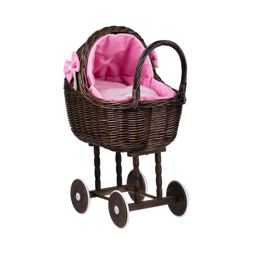 Dark Wicker Doll Stroller Lena – Pink Bedding