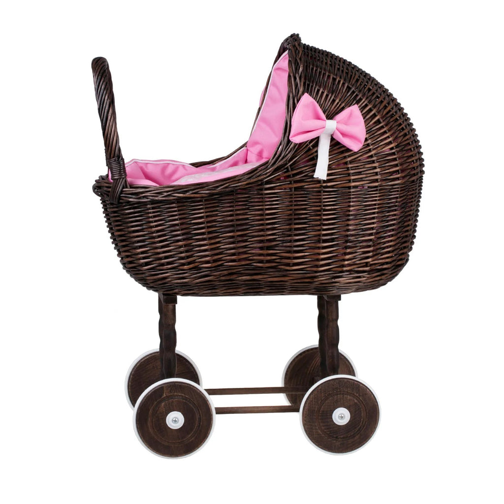 Dark Wicker Doll Stroller Lena – Pink Bedding