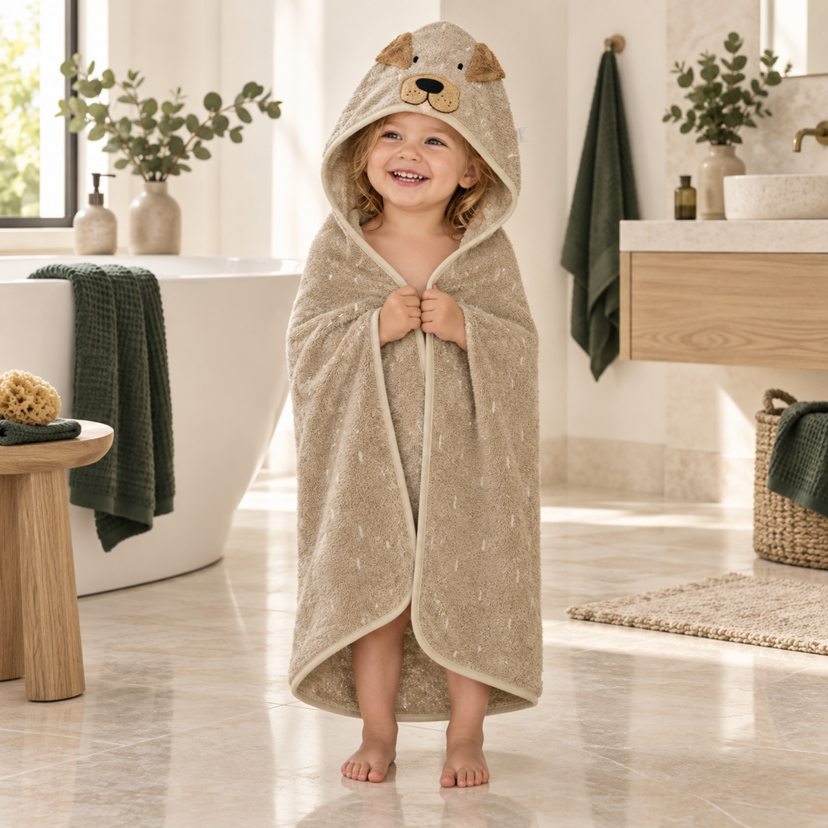 Trixie Baby Kapuzenhandtuch Mr. Dog 70 × 130 cm – Kind im Badezimmer