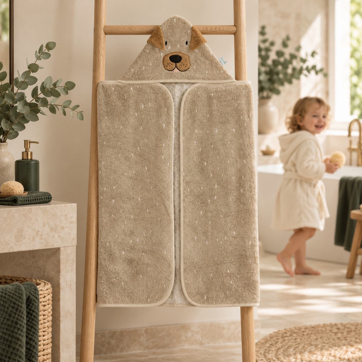 Trixie Baby Mr. Dog Kapuzenhandtuch 70 × 130 cm im Badezimmer