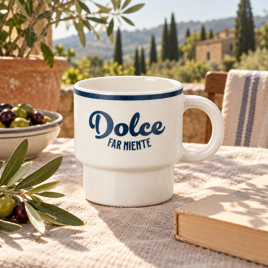 Keramiktasse Dolce far Niente in italienischer Atmosphäre – quadratisch