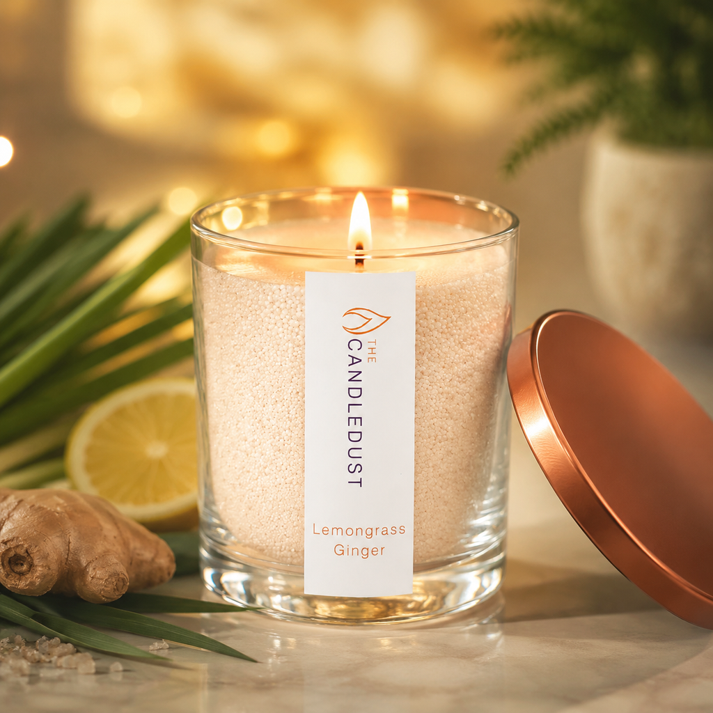 Lemongrass Ginger Pulverkerze in warmer Abendstimmung