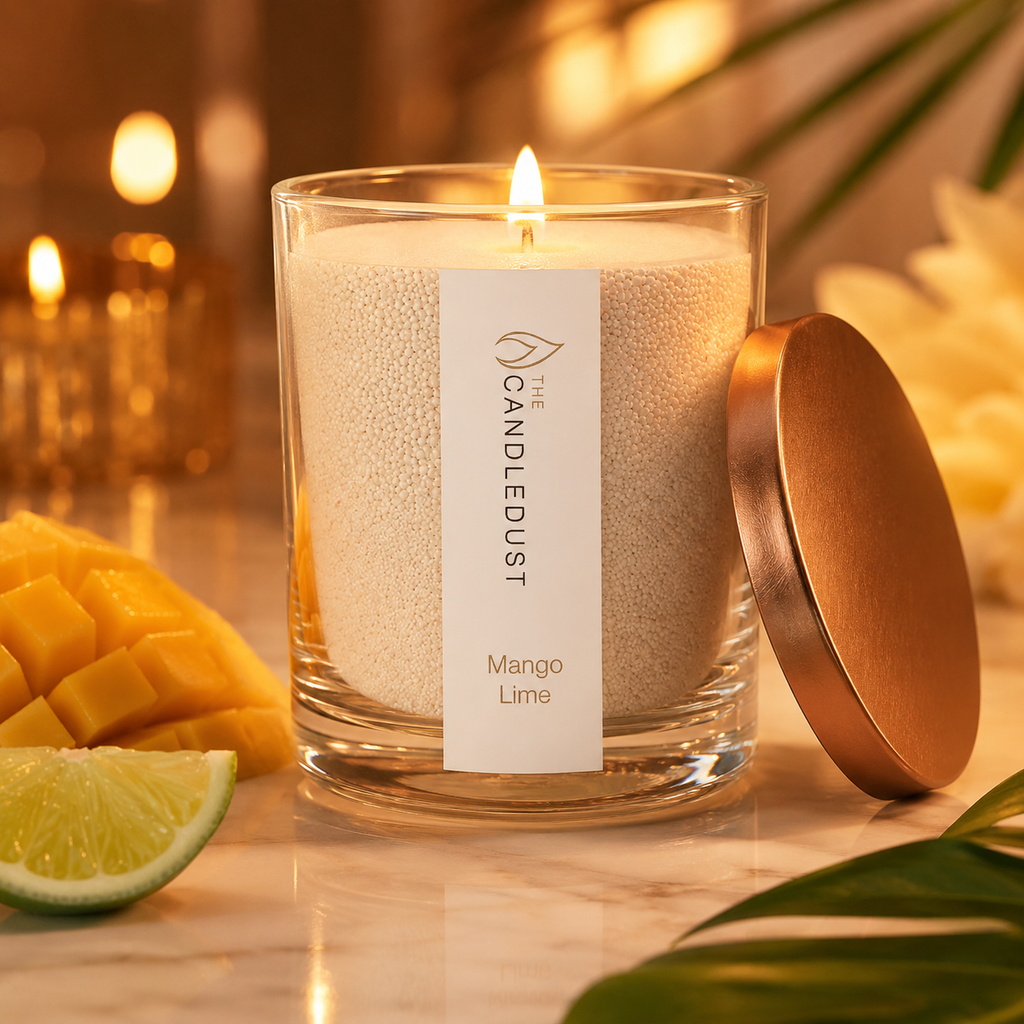 Mango Lime Pulverkerze im Glas in warmer Abendstimmung