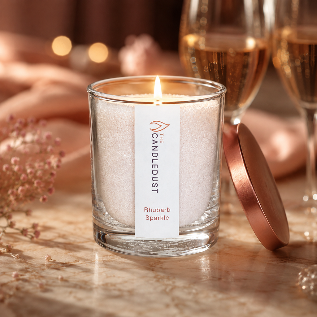 Rhubarb Sparkle Pulverkerze in eleganter Abendstimmung