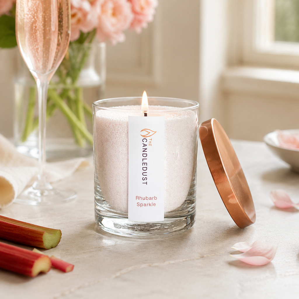 Rhubarb Sparkle Pulverkerze im Glas in heller romantischer Atmosphäre