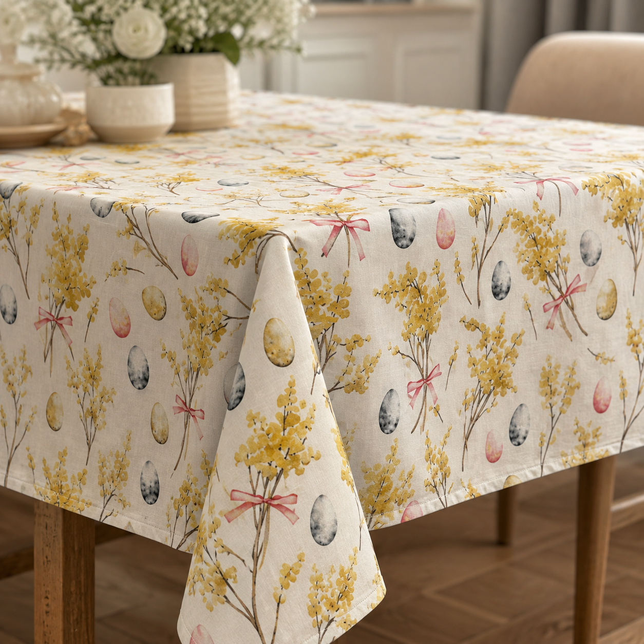 Tischdecke Easter Happy aus 100 % Baumwolle – Detail von Stoff, Saum und Originalmuster