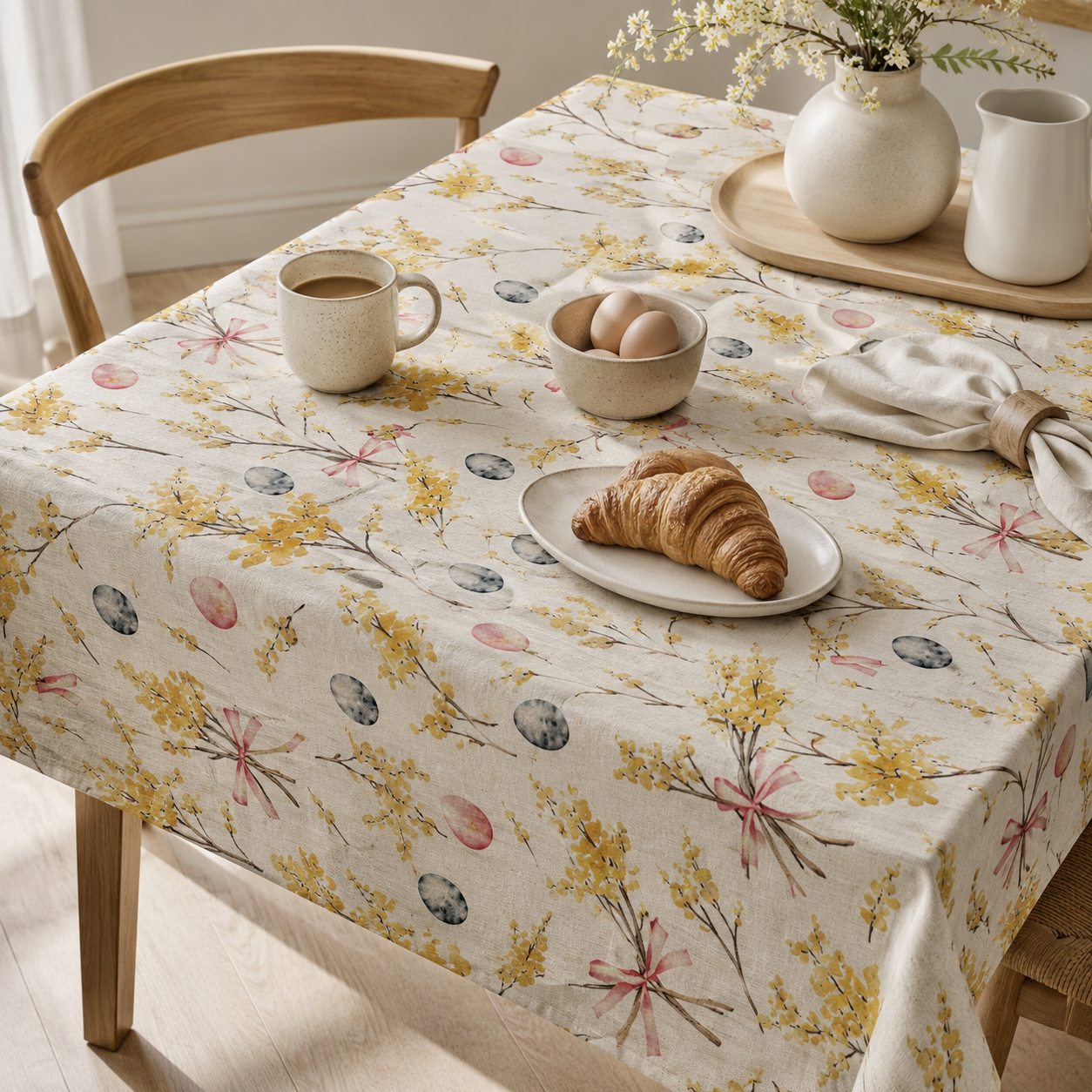 Tischdecke Easter Happy aus 100 % Baumwolle – stilvolle Frühstückstafel im Tageslicht