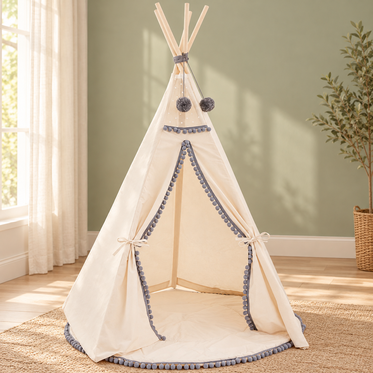 Minicamp Kinder-Tipi mit grauen Pompons – Ecru – Premium-Ambiente