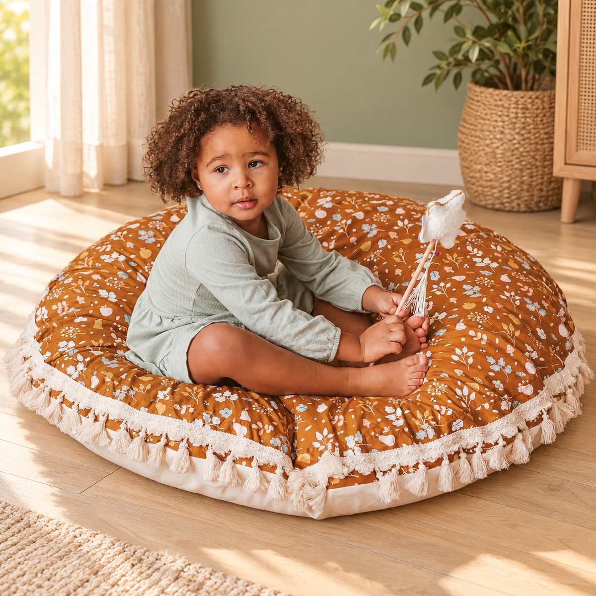 Minicamp Kinder-Bodenkissen mit Pflanzenmuster – Bunt, 100 cm – Premium-Ambiente