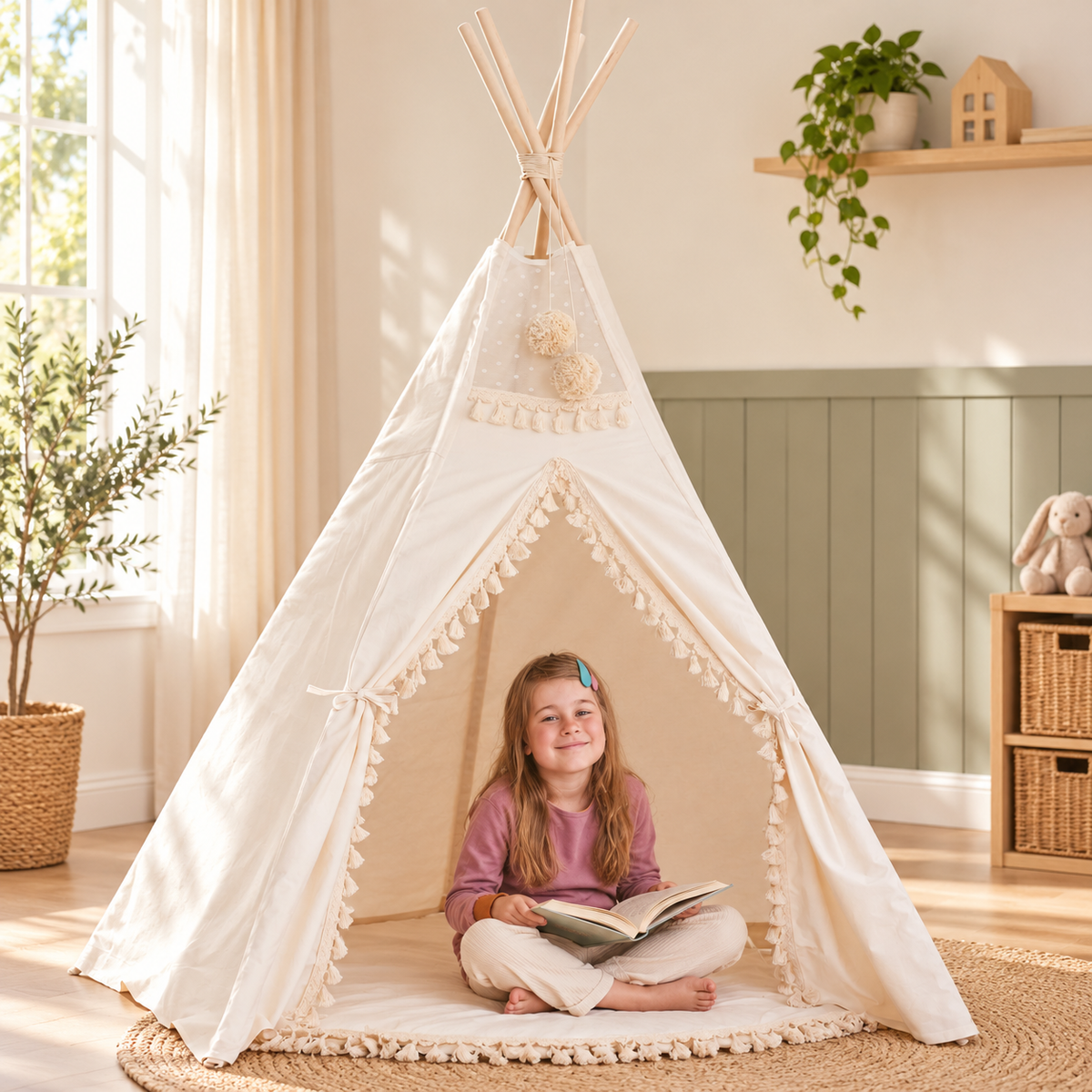 Minicamp XL Tipi mit Quasten – Ecru, 200 cm hoch – Premium-Ambiente