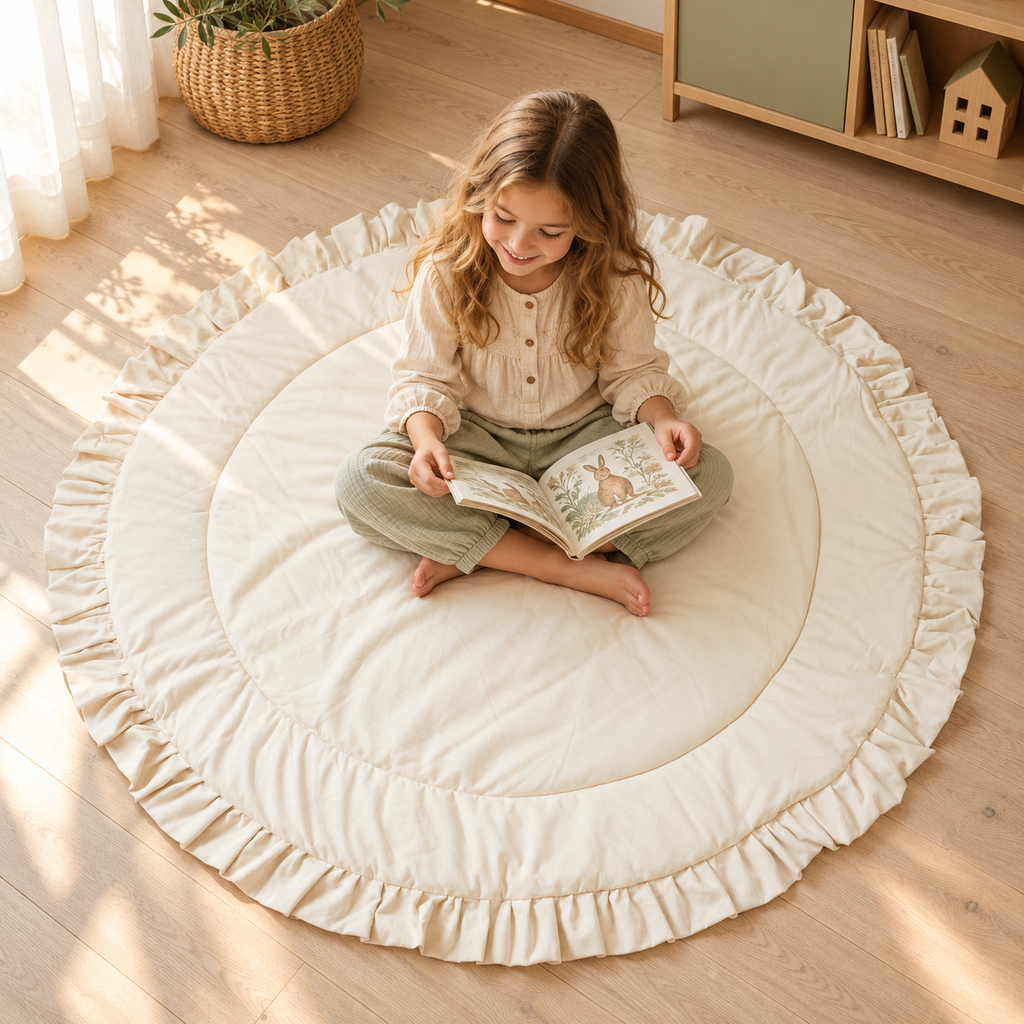 Minicamp Spielmatte mit Rüschen – Ecru, 125 cm – Premium-Ambiente