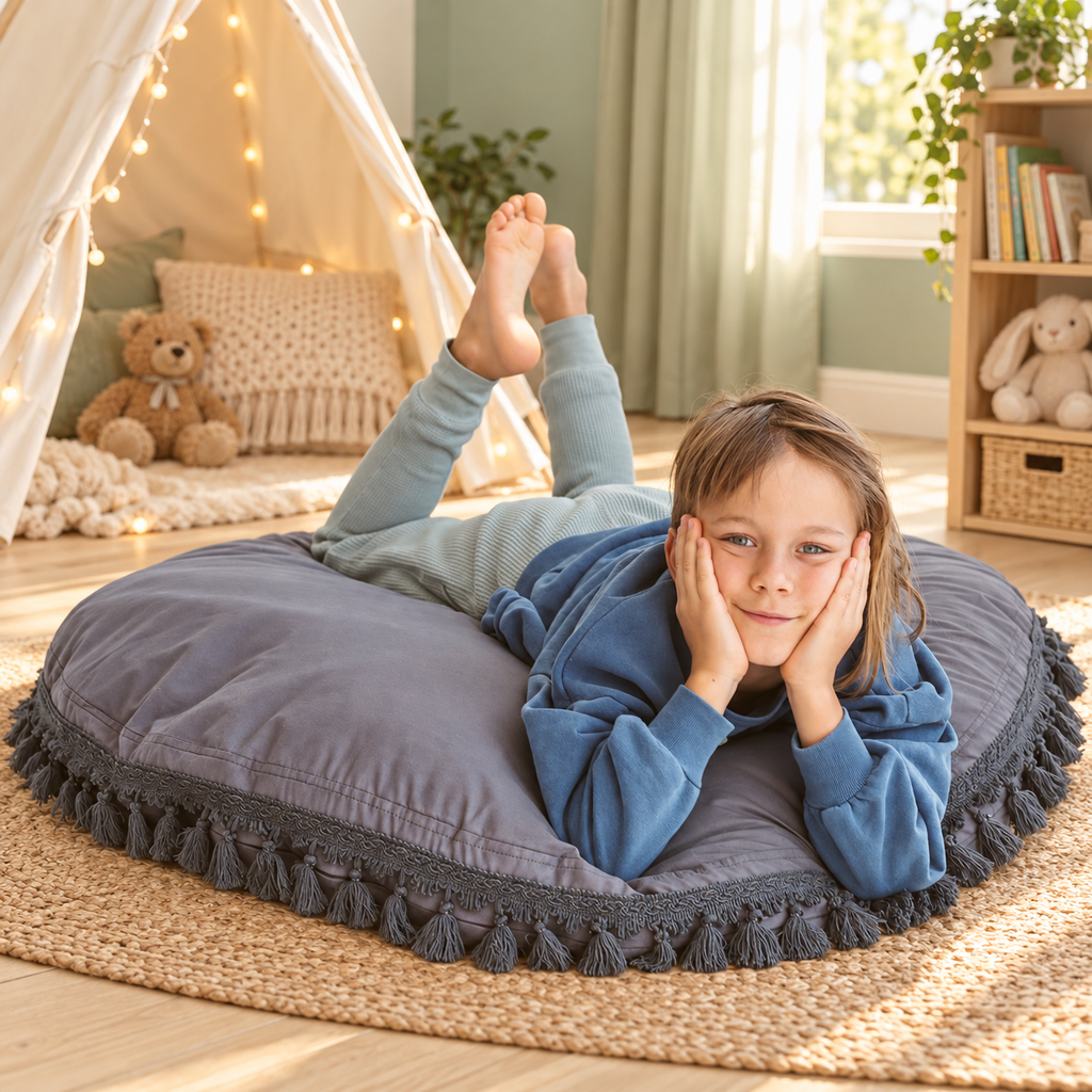 Minicamp Bodenkissen mit Quasten – Grau, 100 cm – Premium-Ambiente