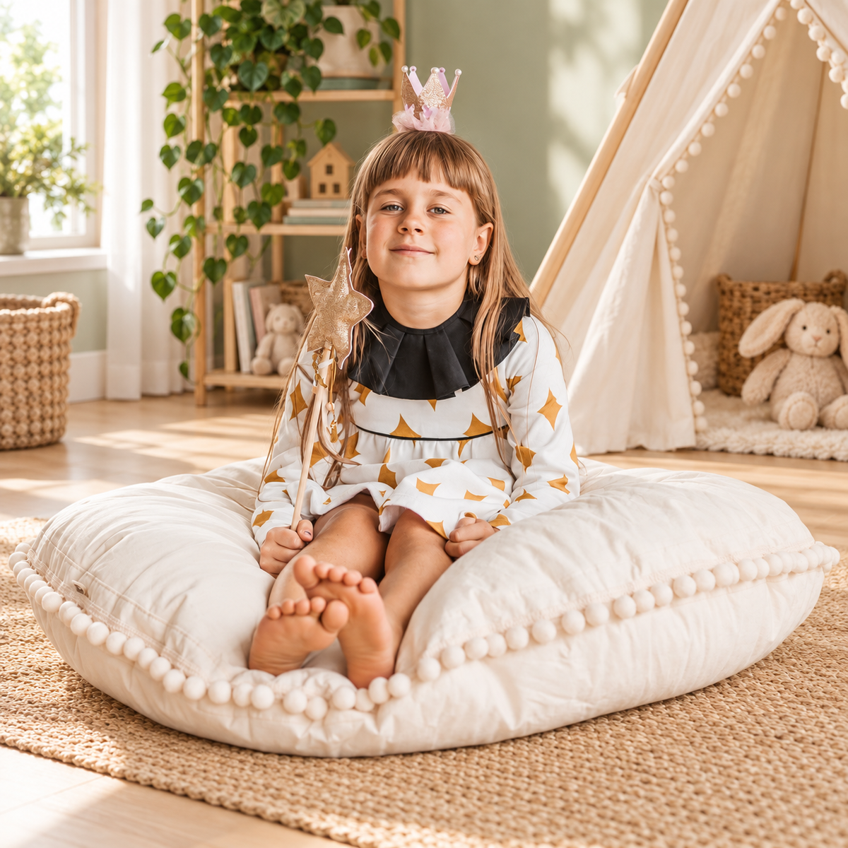 Minicamp Bodenkissen mit Pompons – Ecru, 100 cm – Premium-Ambiente