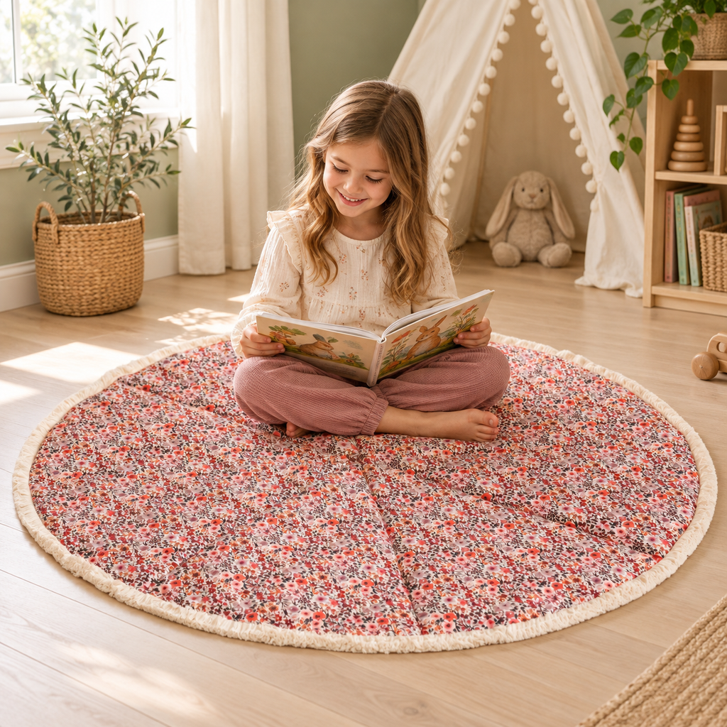 Minicamp Spielmatte mit Baumwollfransen – Floral Rose, 115 cm – Premium-Ambiente