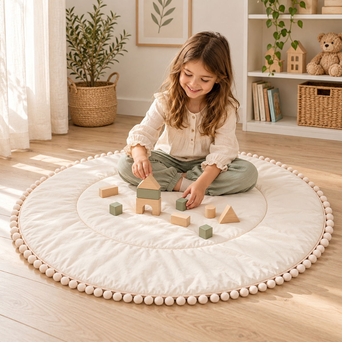 Minicamp Spielmatte mit Pompons – Ecru, 115 cm – Premium-Ambiente