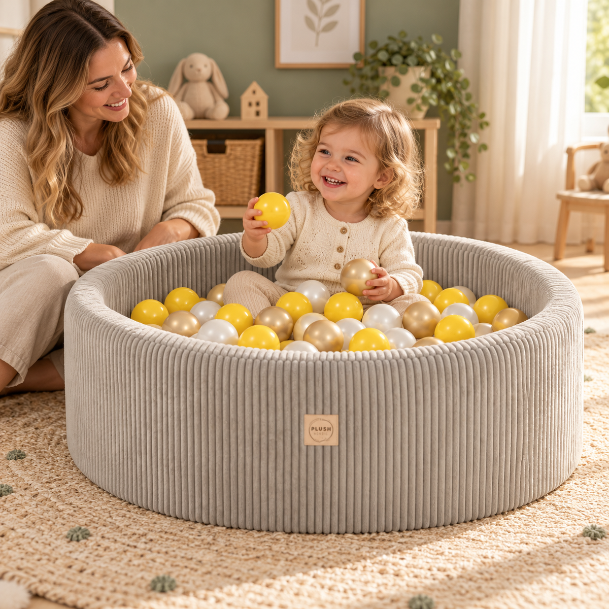 Plush Nest Cord-Bällebad Beige – 200 Bälle in Perlmutt/Gelb/Gold – Premium-Ambiente