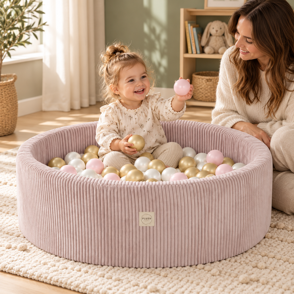 Plush Nest Cord-Bällebad Hellrosa – 200 Bälle in Perlmutt/Rosa/Gold – Premium-Ambiente