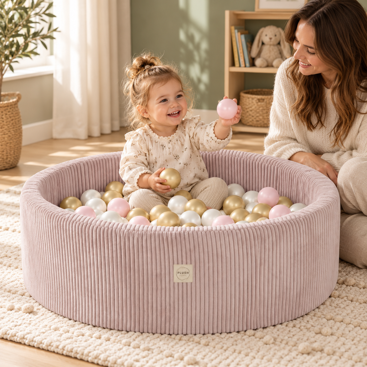 Plush Nest Cord-Bällebad Hellrosa – 200 Bälle in Perlmutt/Rosa/Gold – Premium-Ambiente