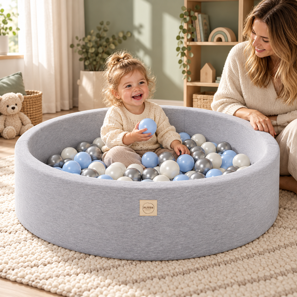 Plush Nest Baumwoll-Bällebad Hellgrau – 90 × 30 cm, 200 Bälle – Premium-Ambiente