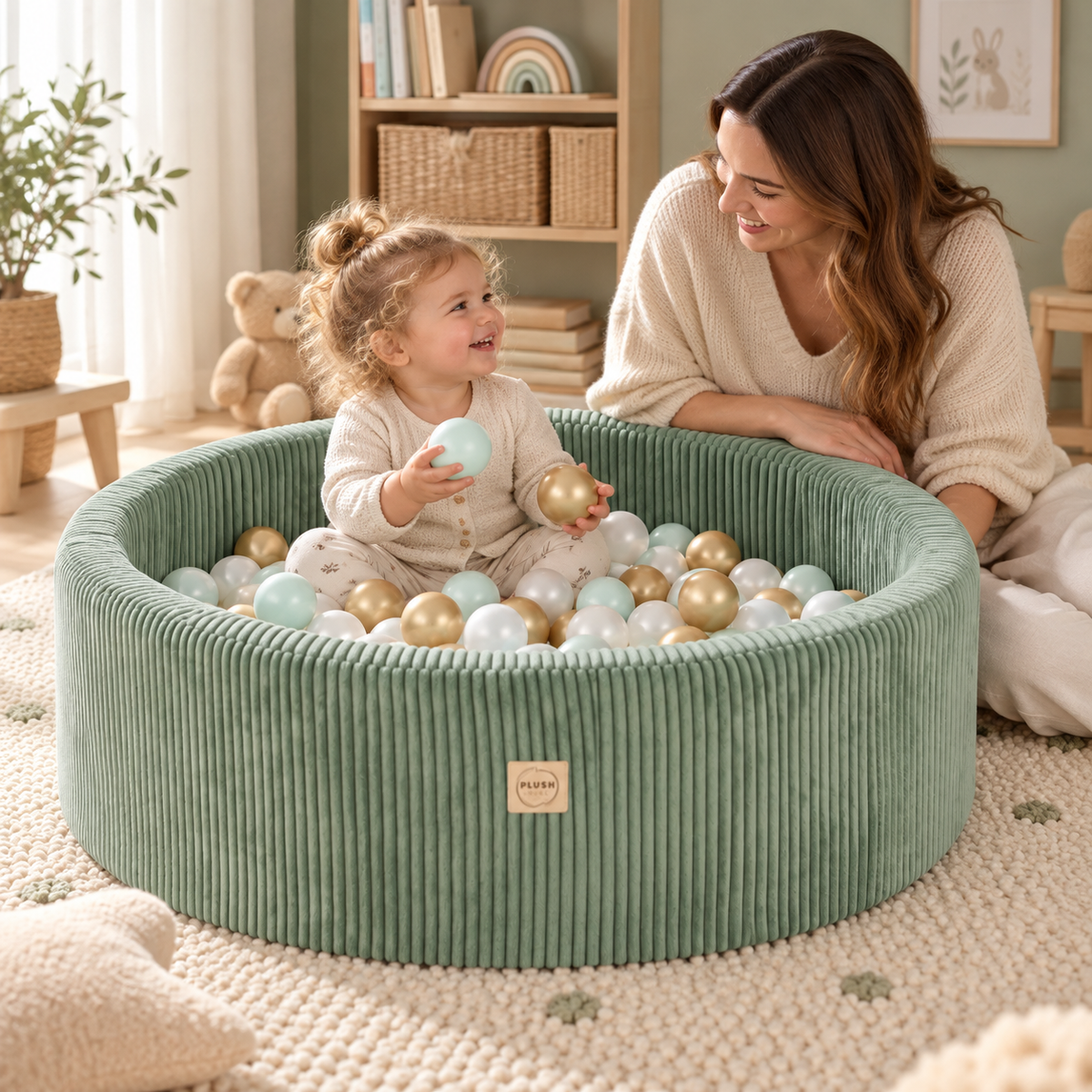 Plush Nest Cord-Bällebad Grün – 200 Bälle in Perlmutt/Mint/Gold – Premium-Ambiente