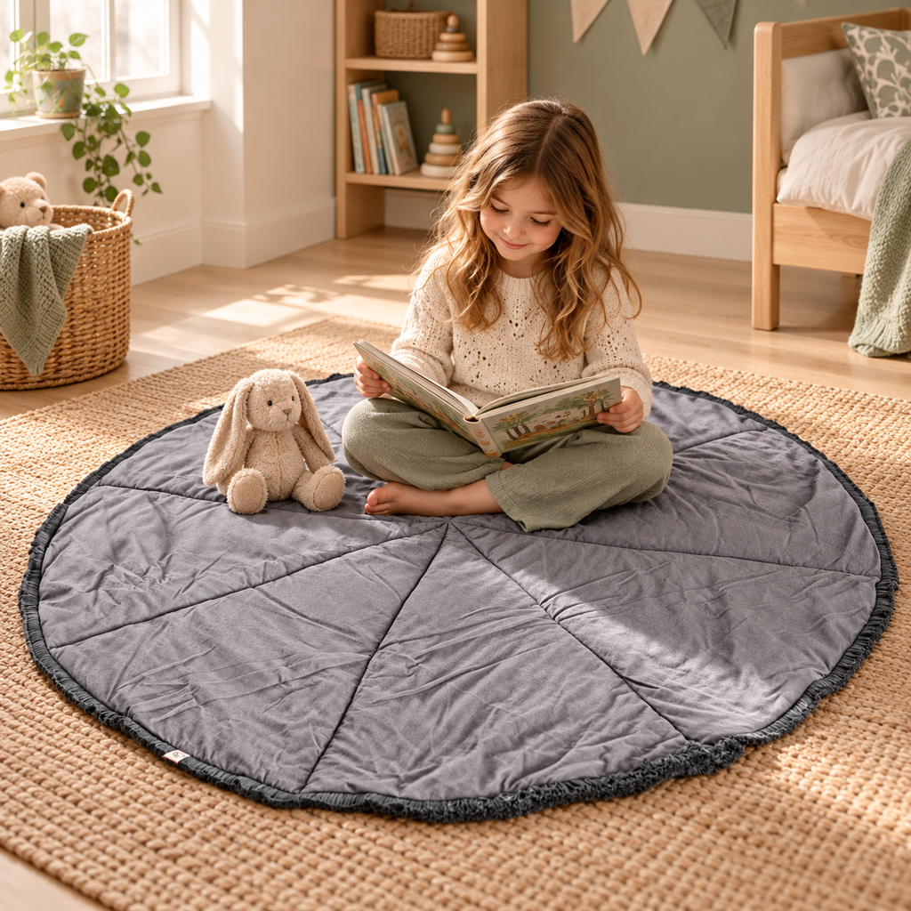 Minicamp Spielmatte mit Baumwollfransen – Grau, 115 cm – Premium-Ambiente