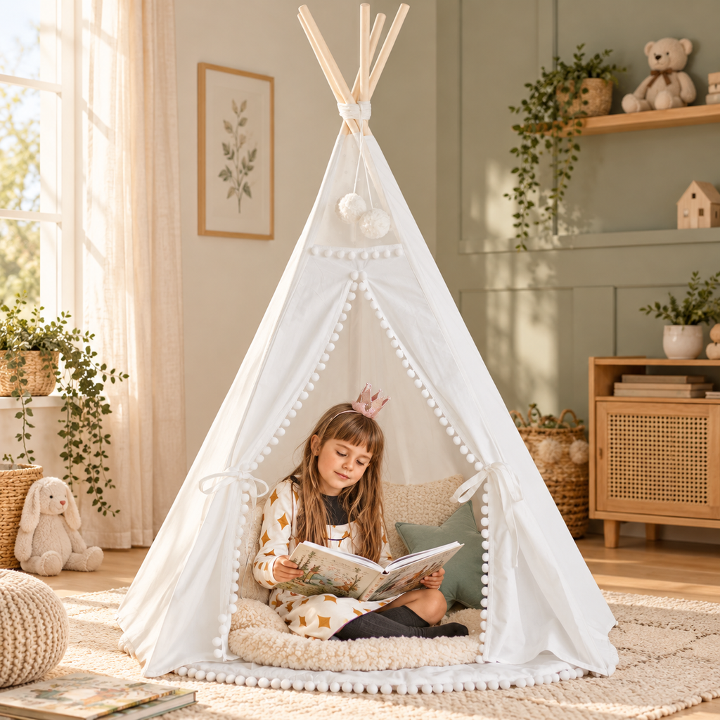 Minicamp Kinder-Tipi mit Pompons – Schneeweiß – Premium-Ambiente