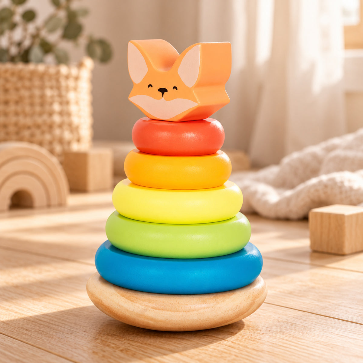 BusyKids Stapelturm Fuchs aus Holz mit Wackelbasis – Premium Ambiente