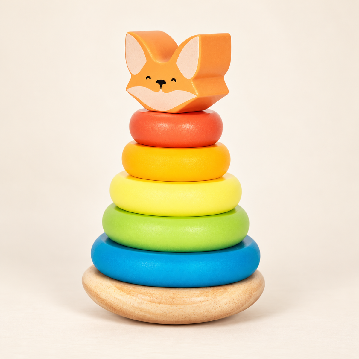 BusyKids Stapelturm Fuchs aus Holz mit Wackelbasis – Premium Produktaufnahme