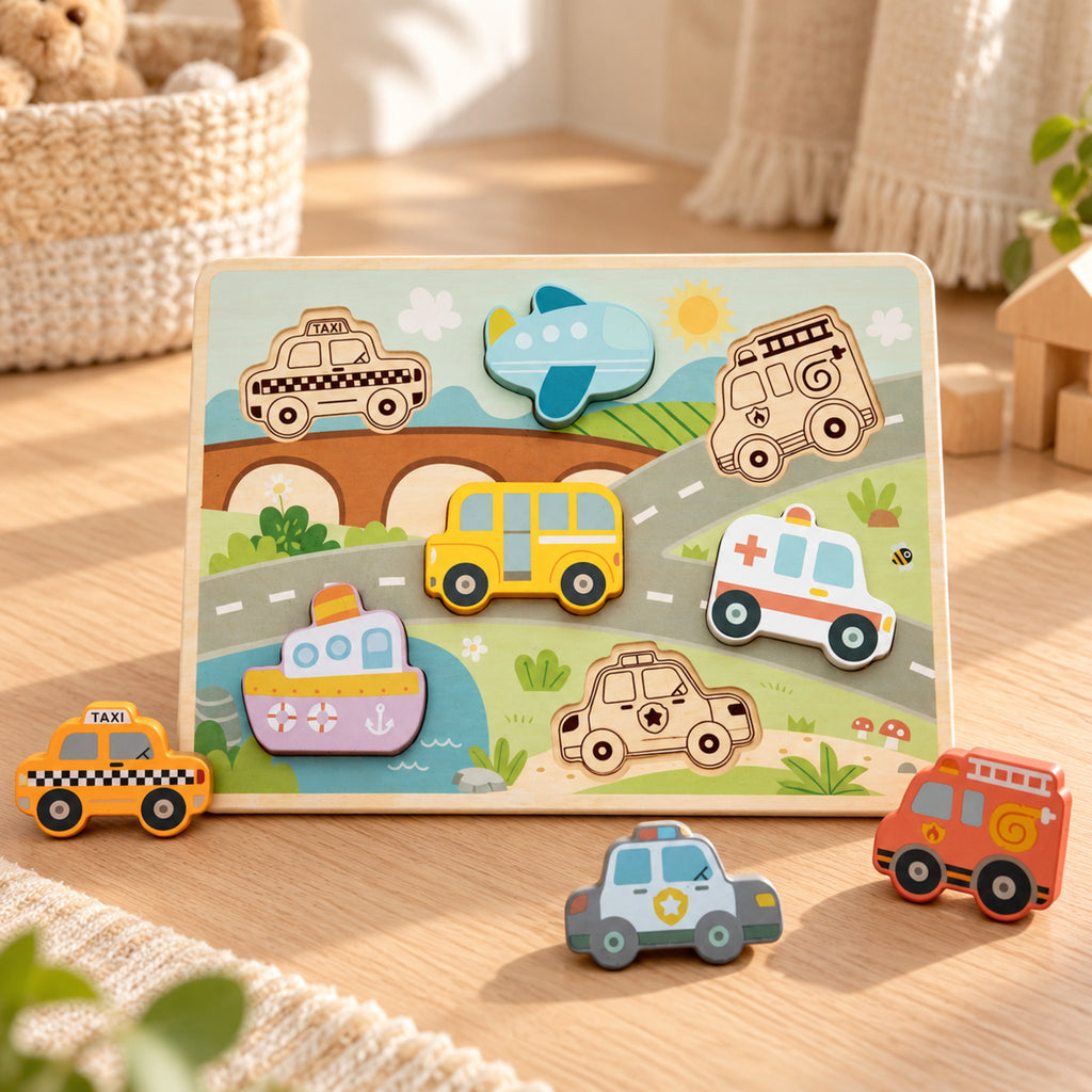BusyKids Holz-Steckpuzzle Fahrzeuge – Premium Ambiente