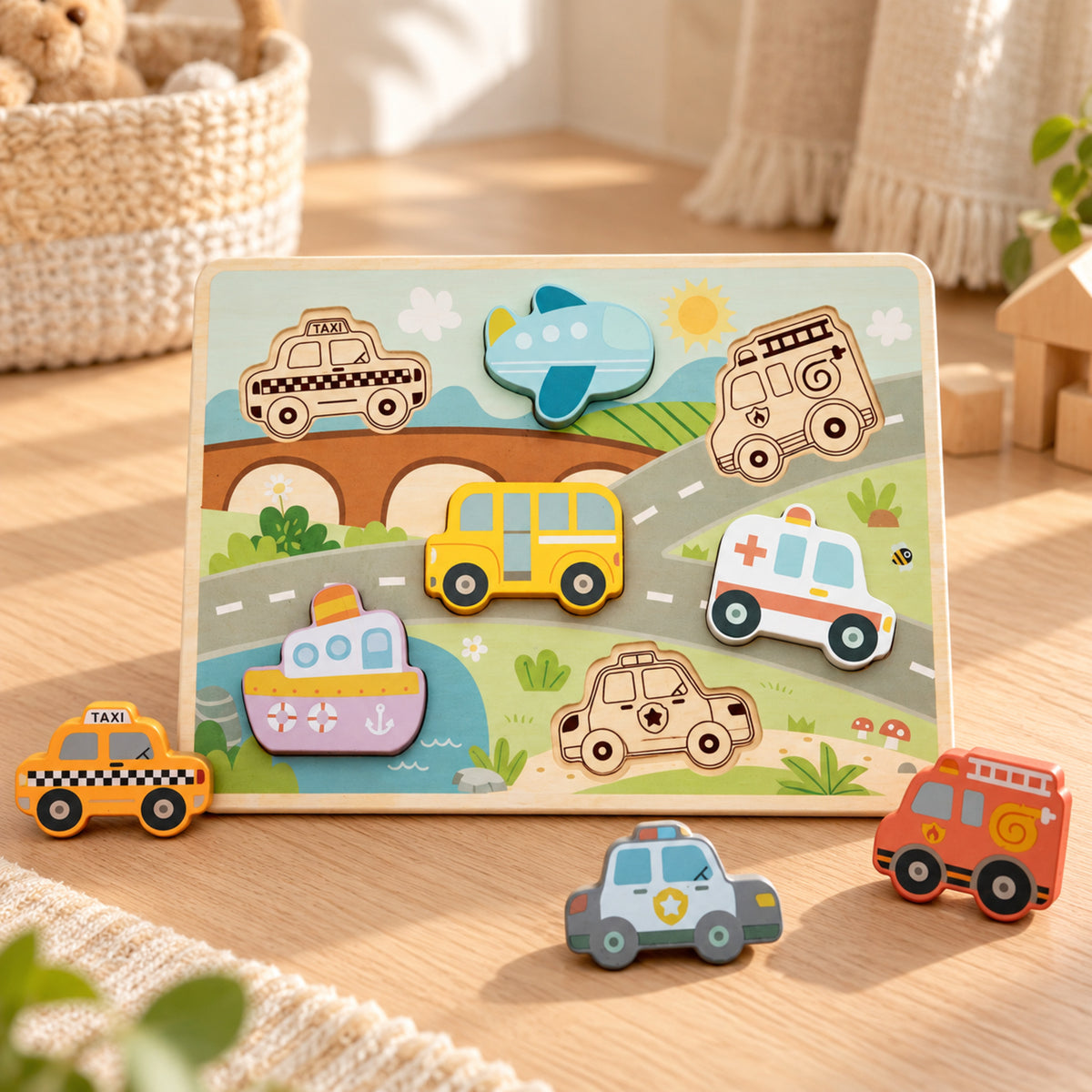 BusyKids Holz-Steckpuzzle Fahrzeuge – Premium Ambiente