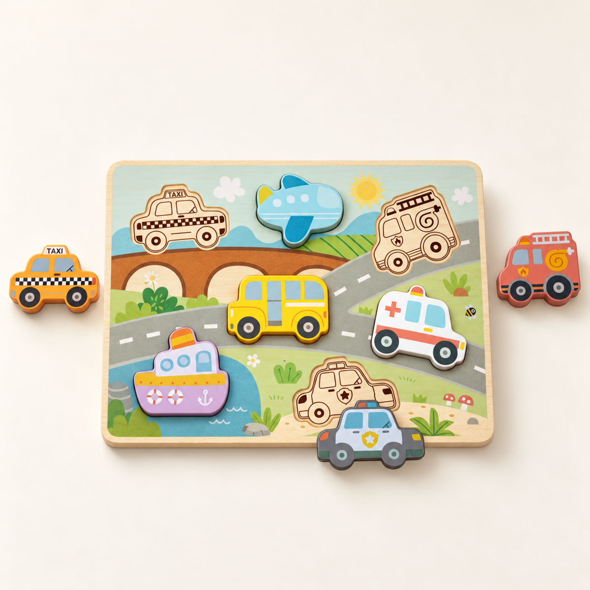 BusyKids Holz-Steckpuzzle Fahrzeuge – Premium Produktaufnahme