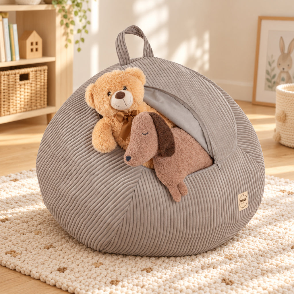 Plush Nest Cord-Spielzeugaufbewahrung & Poufbezug – Beige – Premium Ambiente
