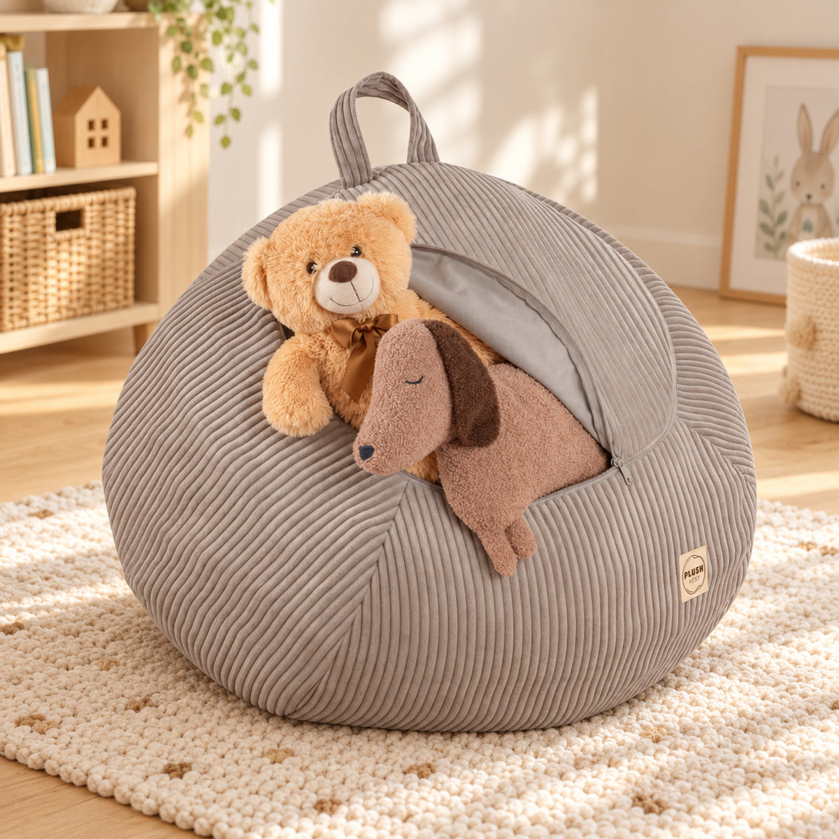 Plush Nest Cord-Spielzeugaufbewahrung & Poufbezug – Beige – Premium Ambiente