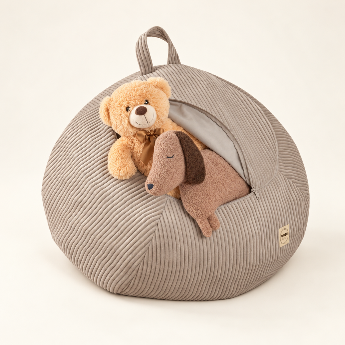 Plush Nest Cord-Spielzeugaufbewahrung & Poufbezug – Beige – Premium Produktaufnahme
