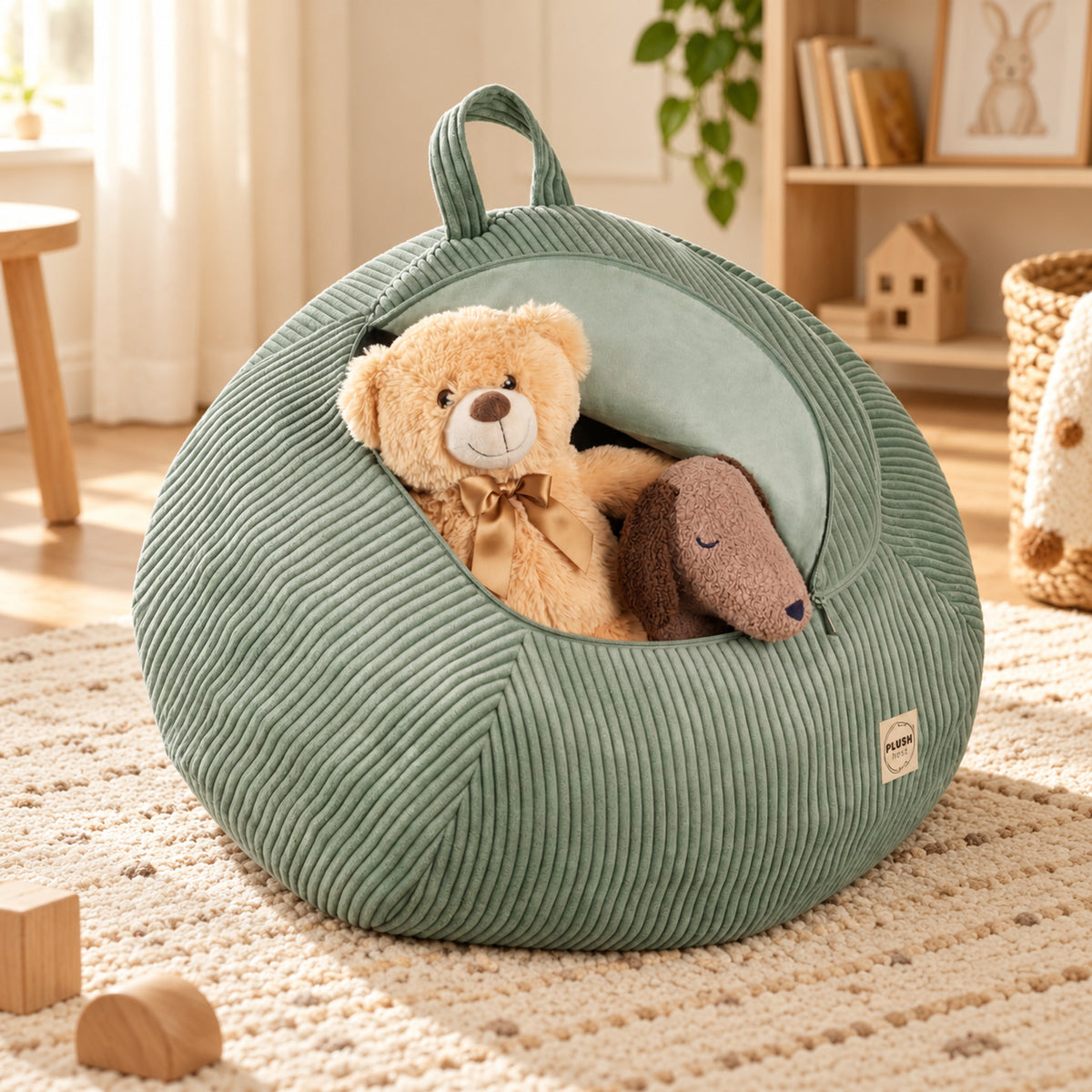 Plush Nest Cord-Spielzeugaufbewahrung & Poufbezug – Grün – Premium Ambiente