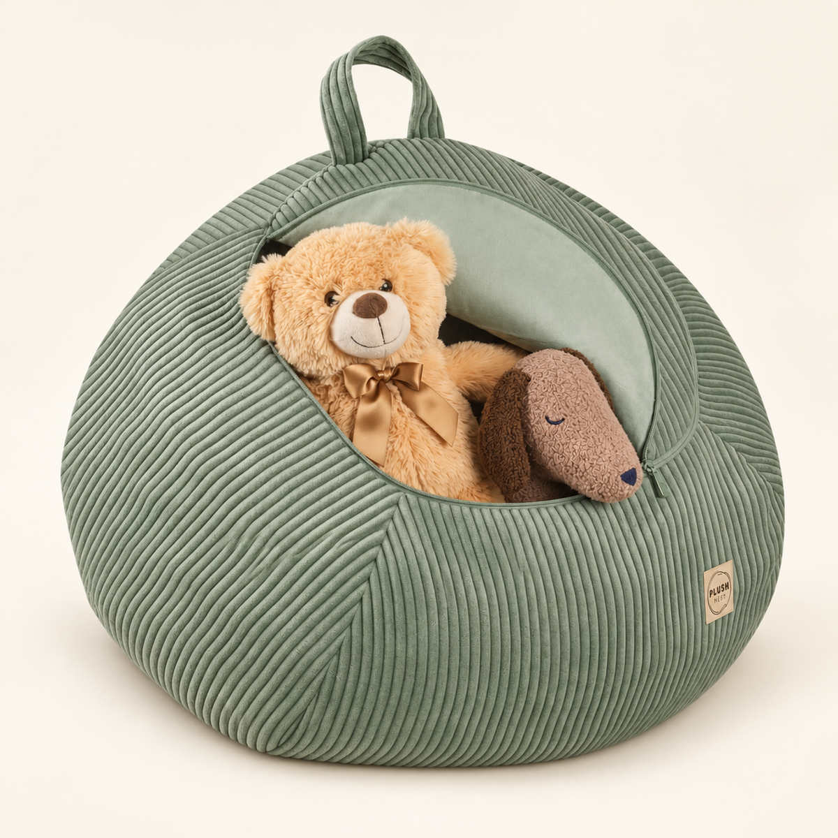 Plush Nest Cord-Spielzeugaufbewahrung & Poufbezug – Grün – Premium Produktaufnahme