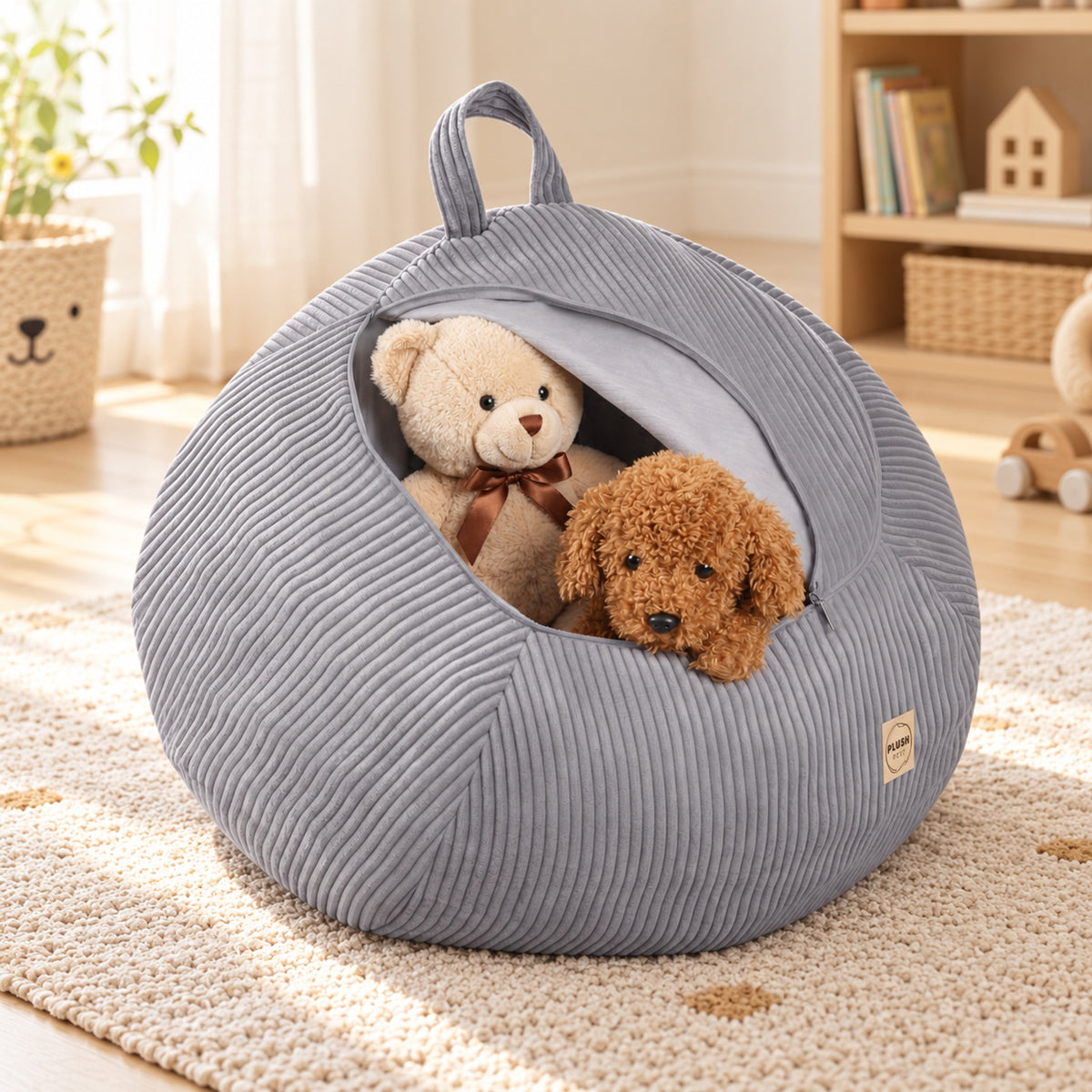 Plush Nest Cord-Spielzeugaufbewahrung & Poufbezug – Grau – Premium Ambiente